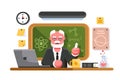 Chemistry teacher sitting on blackboard background