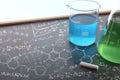 Chemistry teaching with drawn blackboard with chemical instruments