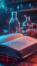Chemistry textbook with glowing vapors and floating structures in a lab Generative AI