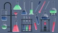 Chemistry tools. Cartoon chemical laboratory equipment, scientific research equipment, pharmaceutics and biology lab