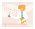 Chemistry video tutorial in internet, chemical experiment vector illustration. tudy science online, scientist hold flask