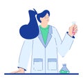 Chemistry with Woman Scientist Character with Glass Flask and Tube Vector Illustration