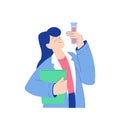 Chemistry with Woman Scientist Character Hold Clipboard and Glass Tube Vector Illustration