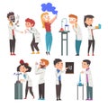 Chemists Doing Experiments Set, Scientist or Student Characters in Lab Coat Working at Medical or Researching Laboratory