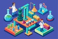 Chemists are engaged in various experiments using lab equipment in a colorful and vibrant setting, Customizable isometric Royalty Free Stock Photo