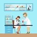 Chemists females testing chemical elements, interior of science laboratory, vector Illustration Royalty Free Stock Photo