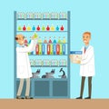 Chemists males testing chemical elements, interior of science laboratory, vector Illustration Royalty Free Stock Photo