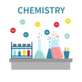 Chemists scientists equipment. Flat design workspace concept. Chemistry infographic icons. Laboratory lab with alembic vial Royalty Free Stock Photo