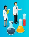 Chemists woman and man with test tubes. Large vessels and flasks with liquids. Chemical oil refining Royalty Free Stock Photo