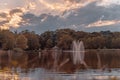 Chemnitz lake, moving clouds over Castle Park with fountain,schlossteich