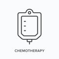 Chemotherapy flat line icon. Vector outline illustration of iv bag. Black thin linear pictogram for cancer healthcare