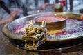 Chengdu Sichuan Hot Pot close up with dragon head sculpted handles Royalty Free Stock Photo