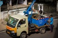 Chennai, Tamil Nadu, India - Nov 28 2020: Chennai City Metro water supply and sewage board worker cleaning up the underground