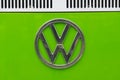 Chennai, India, December 18th 2022: Volkswagen Logo of Green VW Camper Van Vintage car Collection Stock Images