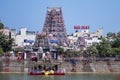 View of Kapaleeshwarar Temple from across the pond in Chennai, Tamil Nadu, India Royalty Free Stock Photo