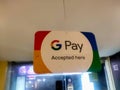 Chennai, India - January 10th Ã¢â¬Å½2021: Sign of Google Pay. G Pay accepted here signboard banner hanging on shop. Online payment