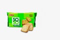 Closeup view of Britannia 50-50 Sweet & Salty Cookies or biscuit in a green cover pack
