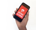 Chennai, India, 01 Sep 2022 :Selective focus of holding mobile and displayed Airtel 5G on a mobile device screen