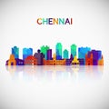 Chennai skyline silhouette in colorful geometric style.