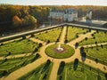 CHENONCEAU, FRANCE - NOVEMBER 6, 2021: Aerial drone view of French Castle of Chenonceau and its gardens on Cher River, France Royalty Free Stock Photo