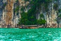 Long Tail Boat Cheow Lan Lake Khao Sok National Park Thailand. Mountain scenery on tropical lake landscape