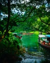 Long Tail Boat Cheow Lan Lake Khao Sok National Park Thailand. Mountain scenery on tropical lake landscape