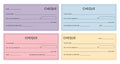 Cheque template. Blank checkbook pages mockups with empty fields. Bank check designs with borders. Colorful fake voucher