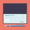 Cheque vector illustration. Cheque icon in flat style. Cheque book on colored background. Bank check with pen. Royalty Free Stock Photo