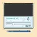 Cheque vector illustration. Cheque icon in flat style. Cheque book on colored background. Bank check with pen. Royalty Free Stock Photo