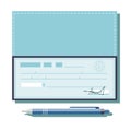 Cheque vector illustration. Cheque icon in flat style. Cheque book on colored background. Bank check with pen. Royalty Free Stock Photo