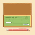 Cheque vector illustration. Cheque icon in flat style. Cheque book on colored background. Bank check with pen. Royalty Free Stock Photo
