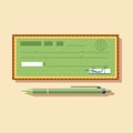 Cheque vector illustration. Cheque icon in flat style. Cheque book on colored background. Bank check with pen. Royalty Free Stock Photo