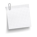 Chequered white sheet of paper with metal paper clip. Metal paper clip attached to paper. Vector illustration