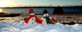 Cherful snowmans walking along the beach in the snow