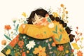 Cherish the blooming serenity. Heartwarming illustration of a girl in a floral embrace Royalty Free Stock Photo