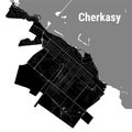 Cherkasy city map, Ukraine. Municipal administrative borders, black and white area map with rivers and roads, parks and railways