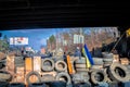 Cherkasy, Ukraine - February 21, 2014:Tire barricades on the road under the bridge in Cherkasy