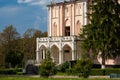 Entrance staircase on late sunny afternoon, polish noble Ignacy Witoslawski palace in neo-Gothic style, Cherniatyn, Ukraine