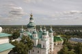 Chernigov, Ukraine. August 15, 2017. Christian orthodox white church with green domes and gold crosses. View from high. Calm sky Royalty Free Stock Photo