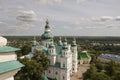 Chernigov, Ukraine. August 15, 2017. Christian orthodox white church with green domes and gold crosses. View from high. Calm sky Royalty Free Stock Photo