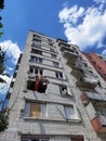 Damaged ruined multi-storey house in Chernihiv near Kyiv on north of Ukraine