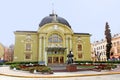 Chernivtsi Music and Drama Theater, Olga Kobylianska monument in the rainy weather, Chernivtsi, Ukraine