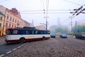 Scenic morning landscape view of vintage trolleybus Skoda #214 in the street of the city.