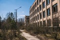 Street of the abandoned ghost town Pripyat. Overgrown trees and collapsing houses in the exclusion zone of the Chernobyl nuclear d