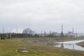 Chernobyl nuclear plant with metal dome over destroyed 4th reactor