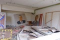 Portraits of the leaders of the Soviet Union in an abandoned room in Pripyat. A pile of
