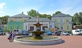 CHERNYAKHOVSK, RUSSIA. Fountain `Three Muses` against the background of the Public House. Theatre Square. Kaliningrad region