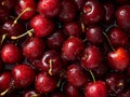 Cherries background. Top view of fresh cherries with water drops. Generative AI