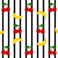 Cherries and bananas on a black stripes background, seamless pattern. Fruits background