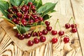 Cherries in basket on wooden table.Cherry. Cherries in bowl. Red cherry. Fresh sweet cherries with water drops,Close up.healthy fo